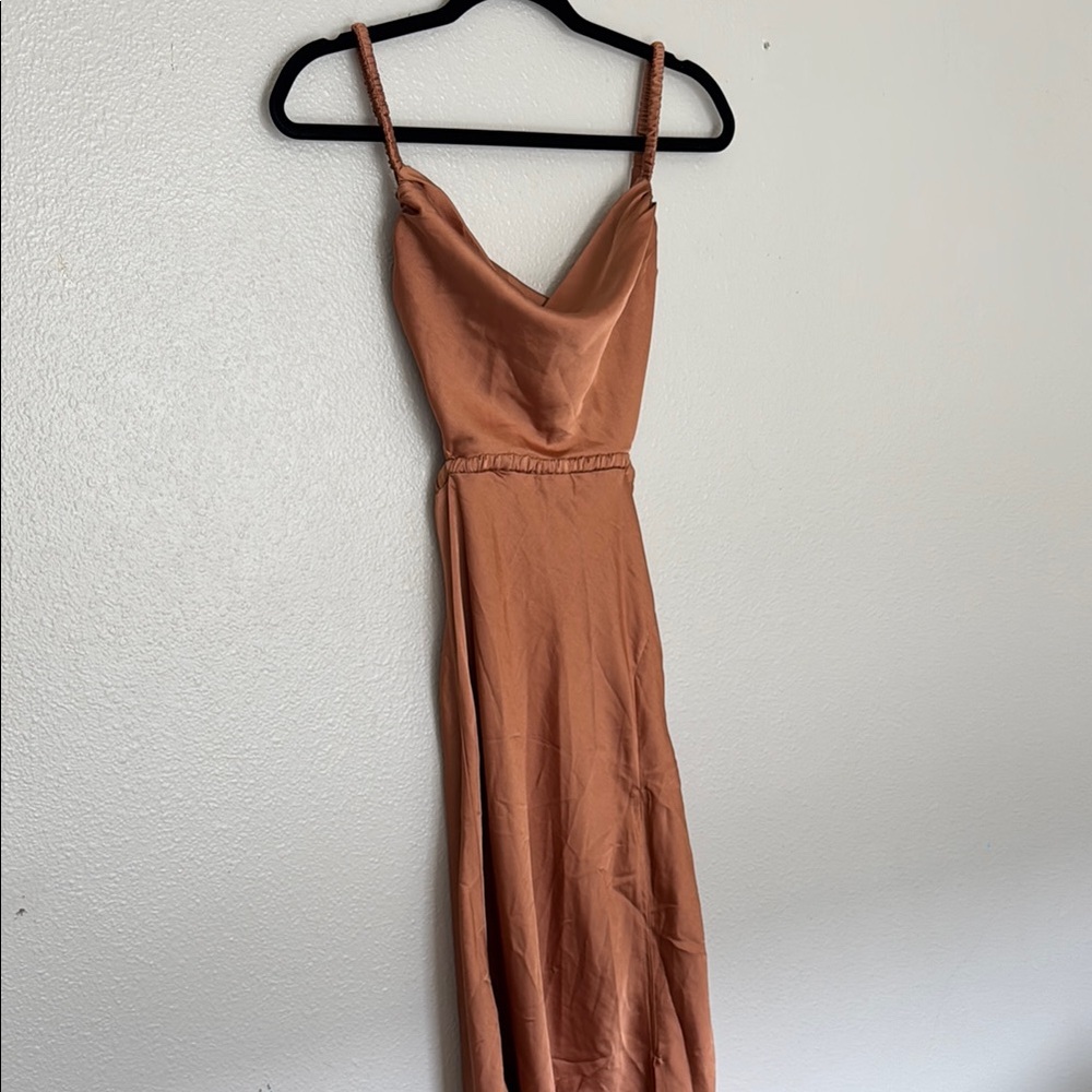 Terracotta midi bridesmaids dress with open back